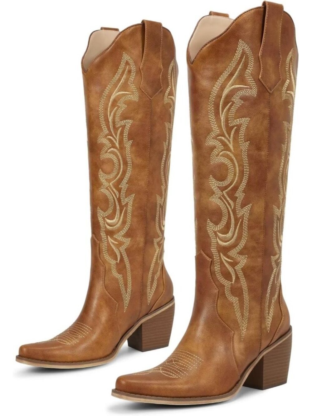 Women's Matte Brown Faux Leather Cuban Heel Pointed Toe Cowgirl Western Boots
